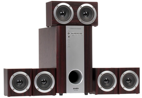 Купить Колонки 5.1 SVEN HT-435(D) [колонки 5 х 15 Вт, сабвуфер 35 Вт, материал, оптика, дерево, ПДУ, цвет вишня] в интернет-магазине DNS. Характеристики, цена  | 1054213.