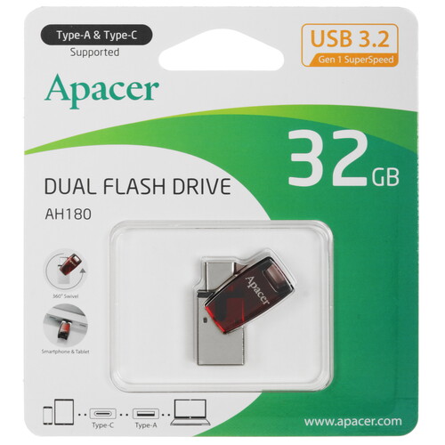 Купить Память OTG USB Flash 32 ГБ Apacer AH180 [AP32GAH180R-1] в интернет-магазине DNS. Характеристики, цена Apacer AH180 | 5456192.