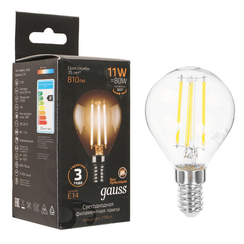 Купить Лампа филаментная Gauss Filament Шар 11W 810lm 2700К Е14 LED 1/10/50 в интернет-магазине DNS. Характеристики, цена Gauss Filament Шар 11W 810lm 2700К Е14 LED 1/10/50 | 9109687.