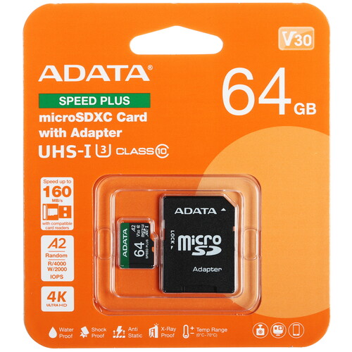 Купить Карта памяти Adata SPEED PLUS microSDXC 64 ГБ [UD64GUI3V30A2SP-RA1] в интернет-магазине DNS. Характеристики, цена  | 5614416.
