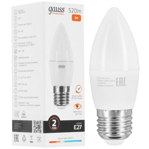 Купить Лампа светодиодная Gauss Elementary Свеча 8W 520lm 3000K Е27 LED 1/10/100 в интернет-магазине DNS. Характеристики, цена Gauss Elementary Свеча 8W 520lm 3000K Е27 LED 1/10/100 | 9105904.