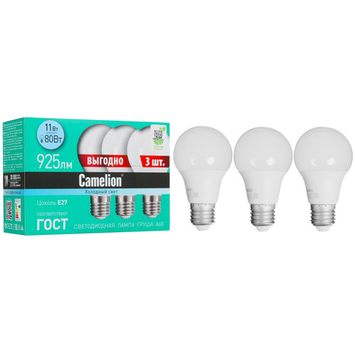 Купить Комплект светодиодных ламп Camelion LED11-A60-3/845/E27 в интернет-магазине DNS. Характеристики, цена Camelion LED11-A60-3/845/E27 | 5023474.