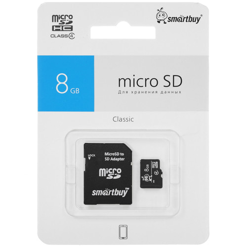 Купить Карта памяти Smartbuy [microSDHC, Class 4, 8 Gb, 20 Mb/s, адаптер] в интернет-магазине DNS. Характеристики, цена  | 1325253.
