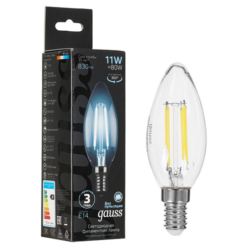 Купить Лампа филаментная Gauss Filament Свеча 11W 830lm 4100К Е14 LED 1/10/50 в интернет-магазине DNS. Характеристики, цена Gauss Filament Свеча 11W 830lm 4100К Е14 LED 1/10/50 | 9109825.