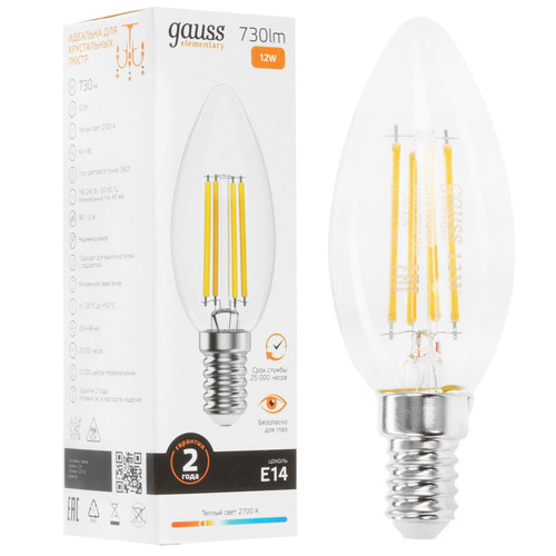 Купить Лампа филаментная Gauss Filament Elementary Свеча 12W 730lm 2700К Е14 LED 1/10/100 в интернет-магазине DNS. Характеристики, цена Gauss Filament Elementary Свеча 12W 730lm 2700К Е14 LED 1/10/100 | 9109581.