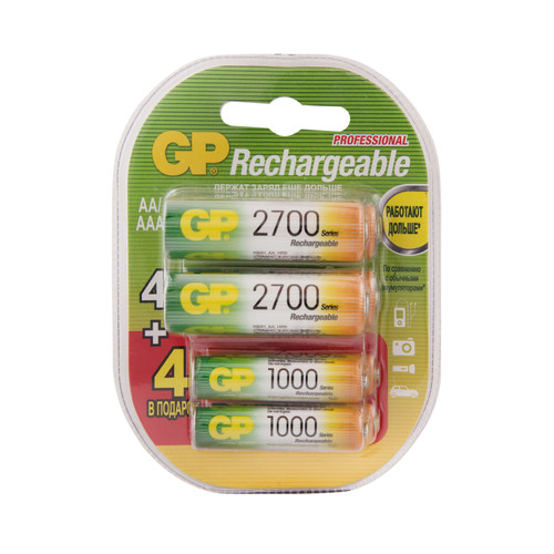Купить Аккумулятор GP "AA" 2700 Series 1.2V 4шт. + "AAA" 1000 Series 1.2V 4шт. [GP 270AA/100AAAHCFR-2CR8] в интернет-магазине DNS. Характеристики, цена  | 1044100.