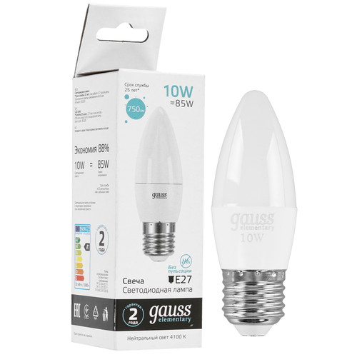 Купить Лампа светодиодная Gauss Elementary Свеча 10W 750lm 4100K E27 LED 1/10/100 в интернет-магазине DNS. Характеристики, цена Gauss Elementary Свеча 10W 750lm 4100K E27 LED 1/10/100 | 9109572.
