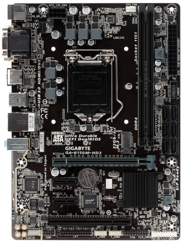 Купить Плата GIGABYTE LGA1151 B150 GA-B150M-HD3 2xDDR4 1xPCI-Ex16 HDMI/DVI/Dsub SATA3 М2 USB3 mATX в интернет-магазине DNS. Характеристики, цена  | 1045902.