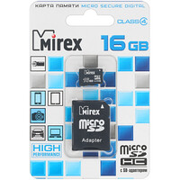Карта памяти Mirex [microSDHC, Class 4, 16 Gb, 12 Mb/s, адаптер]