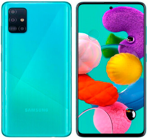Купить 6.5" Смартфон Samsung   Galaxy A51 128 ГБ голубой [8x2.3 ГГц, 6 Гб, 2 SIM, Super AMOLED, 2400x1080, камера 48+12+5+5 Мп, 4G, GPS, 4000 мА*ч] в интернет-магазине DNS. Характеристики, цена  | 5322908.