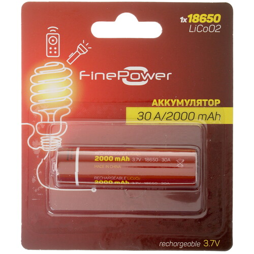 Купить Аккумулятор Finepower [18650, 2000 mAh, li-cob, 1шт] 30A, 3.7V, 15C в интернет-магазине DNS. Характеристики, цена  | 1388625.