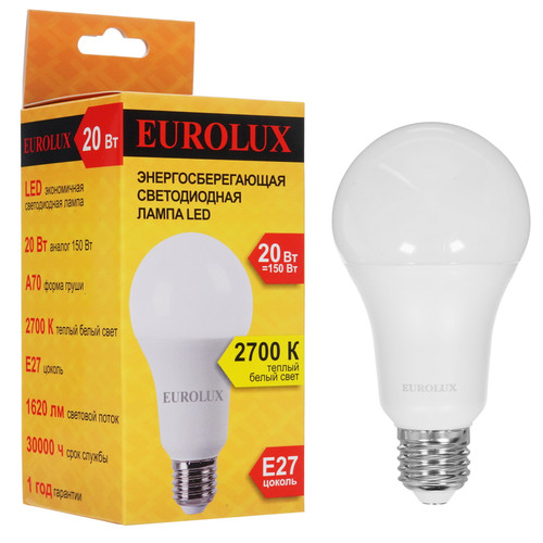 Купить Лампа светодиодная Eurolux LL-E-A70-20W-230-2.7K-E27 в интернет-магазине DNS. Характеристики, цена Eurolux LL-E-A70-20W-230-2.7K-E27 | 5401693.